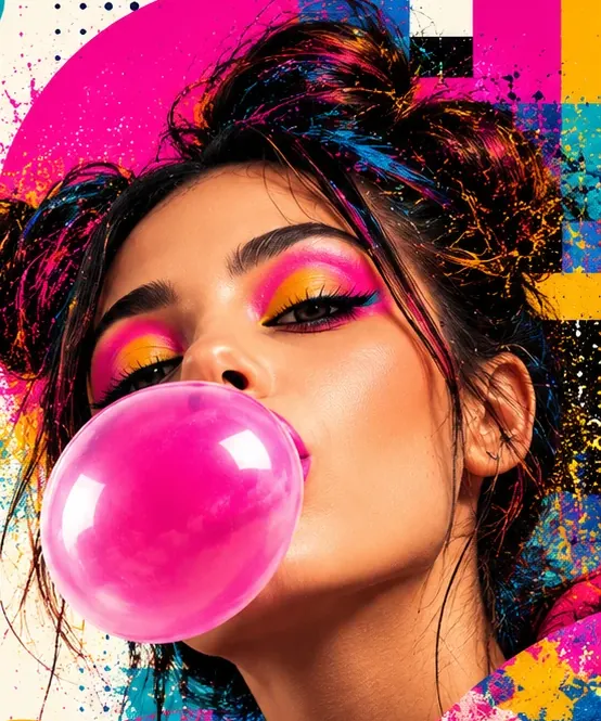 Mujer joven con maquillaje fucsia y amarillo y una sudadera llena de salpicaduras de color, haciendo un globo de chicle rosa