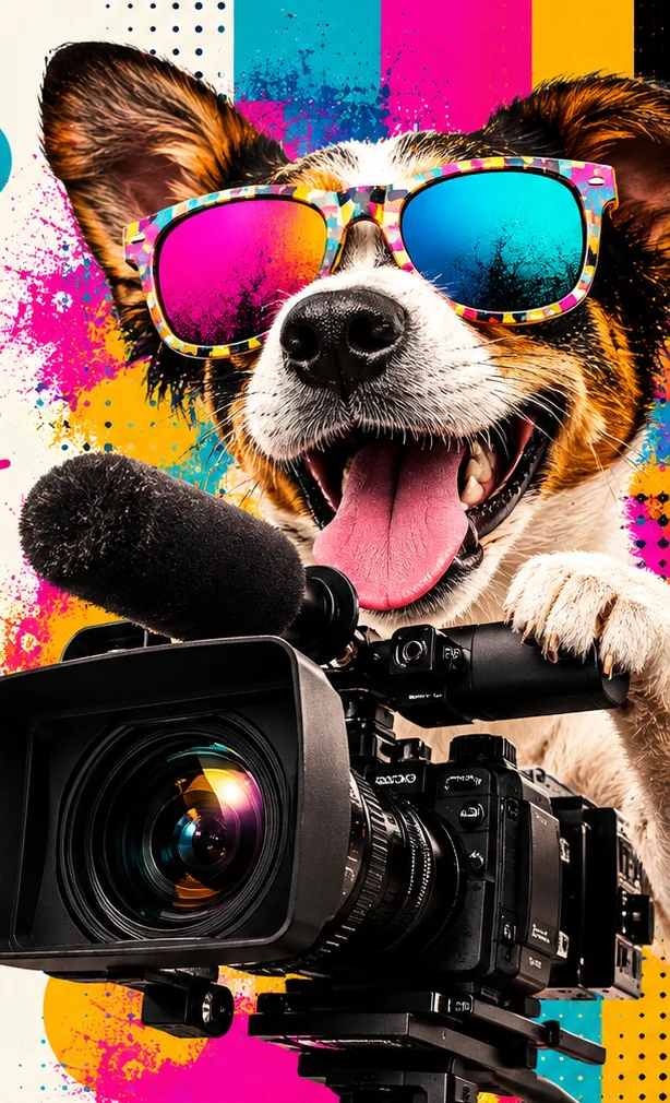 Perro con lentes de colores sosteniendo una cámara de video profesional sobre un fondo de salpicaduras de color