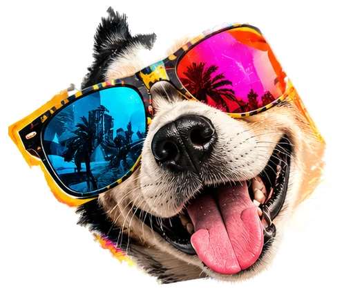 Perro con lentes de colores sonriendo y sosteniendo un celular