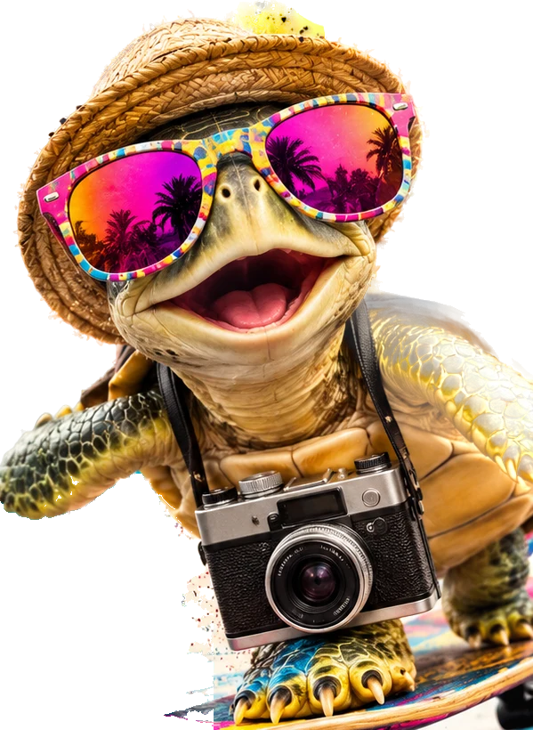 Tortuga con sombrero de paja, lentes de colores y una cámara fotográfica colgada al cuello